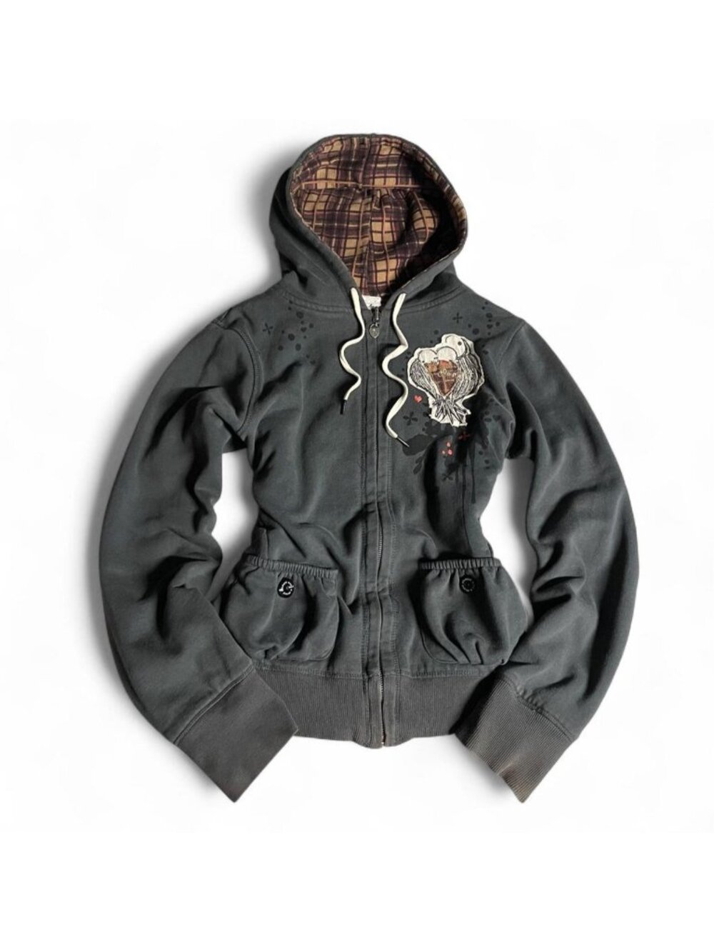 2000s Element reversible plaid & grey hoodie with embroidered and button details